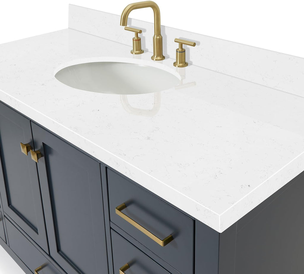 ARIEL Cambridge 48-inch Bathroom Vanity with Sink,Solid Wood, 1.5-inch Carrara White Quartz Countertop, Single Oval Porcelain Sink, 2 Soft Closing Doors, 9 Dovetail Drawers, Midnight Blue