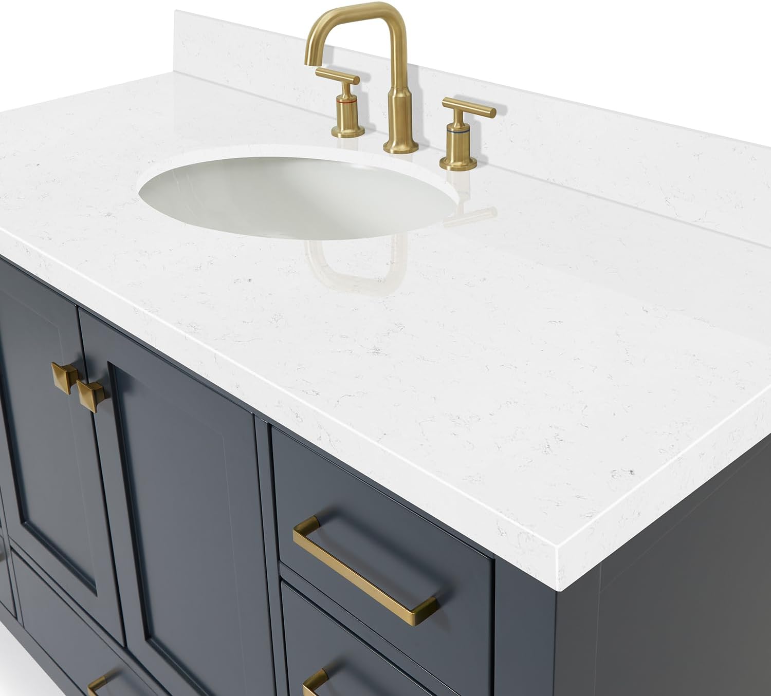 ARIEL Cambridge 48-inch Bathroom Vanity with Sink,Solid Wood, 1.5-inch Carrara White Quartz Countertop, Single Oval Porcelain Sink, 2 Soft Closing Doors, 9 Dovetail Drawers, Midnight Blue