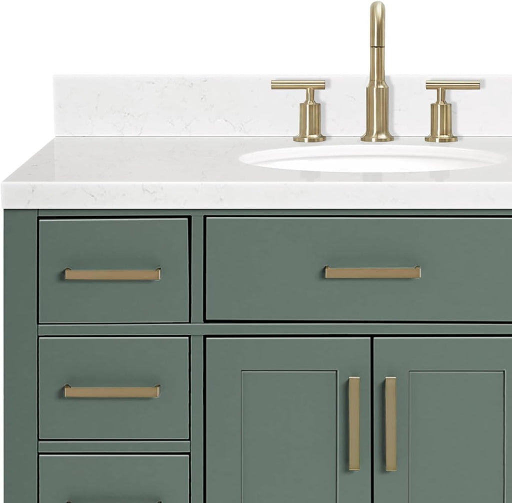 DKB Isabella 42-inch Vintage Green Bathroom Vanity with Center Oval Single Sink, Carrara White Quartz Countertop & Backsplash, Solid Wood Frame, Soft-Closing & Dovetail Drawers