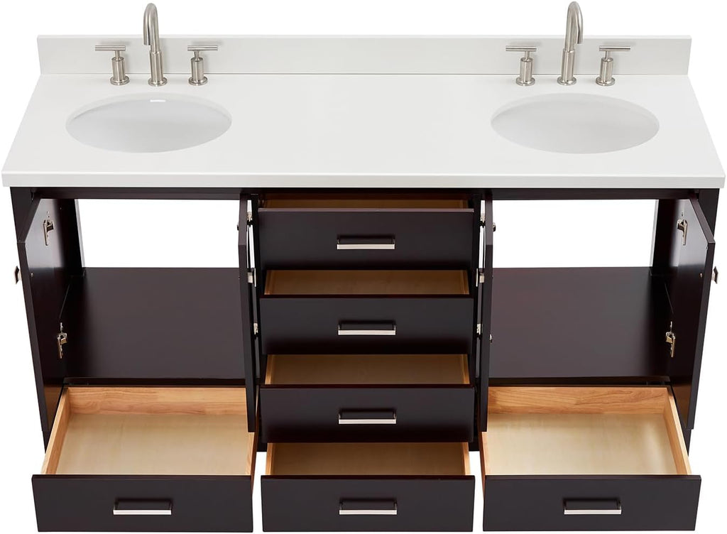 DKB Beckford 66-Inch Espresso Double Bathroom Vanity with 1.5-Inch Edge Pure White Quartz Countertop & Backsplash, 2 Oval Undermount Sinks, 4 Soft Closing Doors, 6 Dovetail Drawers, Brushed Nickel