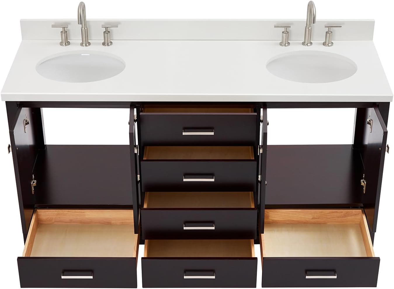 DKB Beckford 66-Inch Espresso Double Bathroom Vanity with 1.5-Inch Edge Pure White Quartz Countertop & Backsplash, 2 Oval Undermount Sinks, 4 Soft Closing Doors, 6 Dovetail Drawers, Brushed Nickel