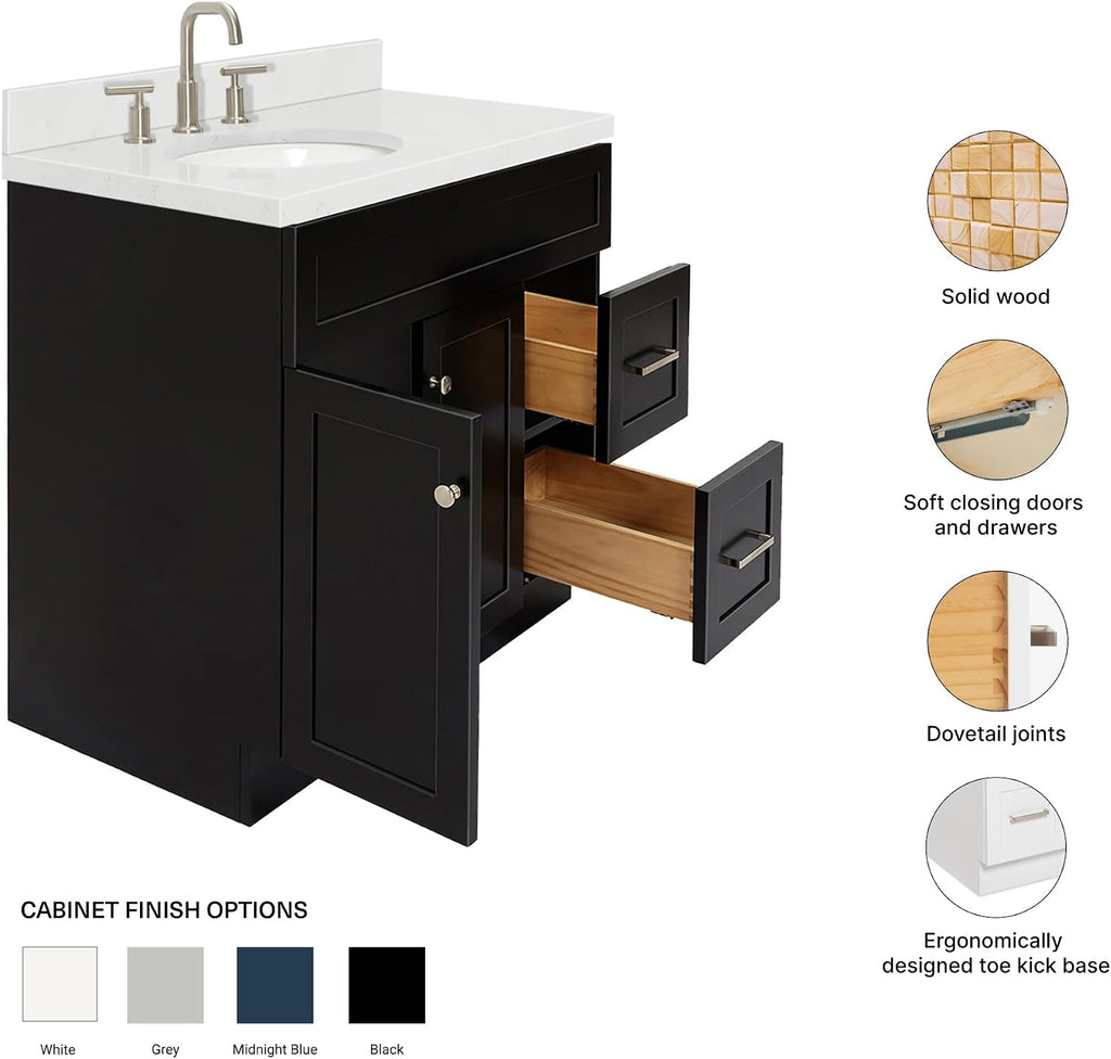ARIEL Hamlet 36-inch Bathroom Vanity with Sink,Solid Wood, 1.5-inch Carrara White Quartz Countertop & Backsplash, Single Oval Porcelain Sink, 2 Soft Closing Doors, 2 Dovetail Drawers, Black