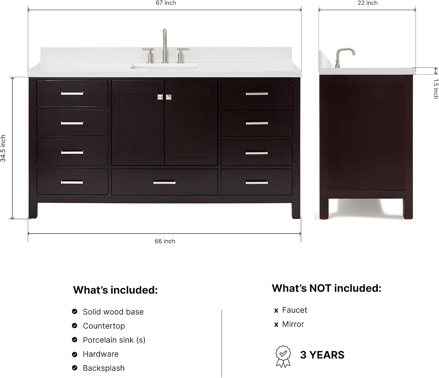 ARIEL Cambridge 66-inch Bathroom Vanity with Sink,Solid Wood, 1.5-inch Pure White Quartz Countertop, Single Rectangular Porcelain Sink, 2 Soft Closing Doors, 9 Dovetail Drawers, Espresso