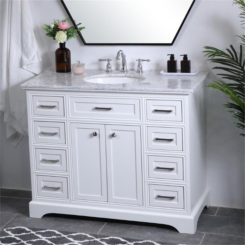 Pemberly Row Contemporary 42' Single Bathroom Vanity, Italian Carrara Marble Top, White Finish, Solid Wood and MDF Base, Porcelain Undermount Sink, Soft Close Drawers, Freestanding Vanity for