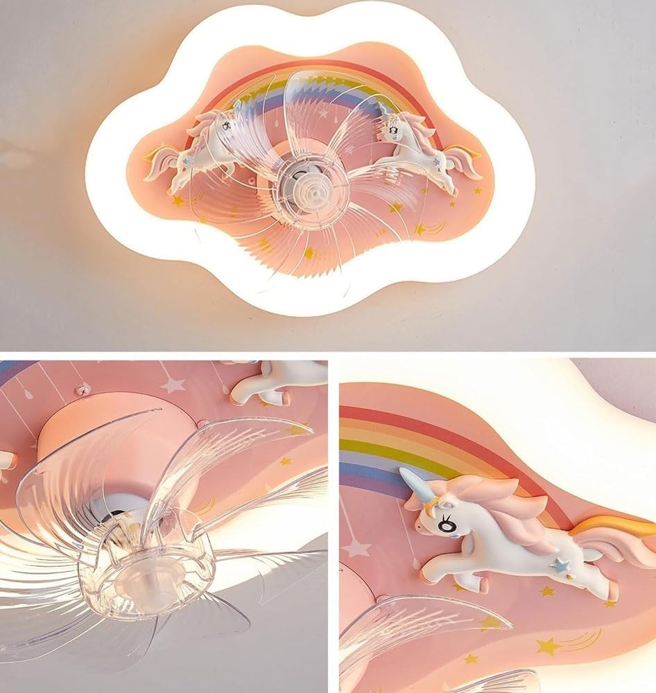 LED Ceiling Light With Fan, Cartoon Rainbow Cloud Fan Light, Remote Control Dimmable Ceiling Fan With Lighting, Modern 360° Rotating Girl's Room Pink Fan Light, 72w Mute Fan Light for Bedroom
