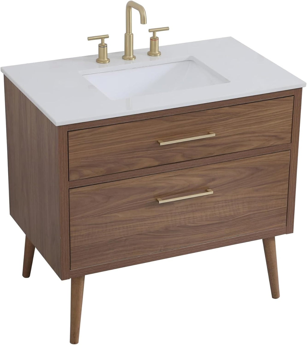 36' Pre-Assembled Bathroom Vanity with Sink, Engineered Wood, Ivory White Engineered Marble Countertop Attached, Single Rectangle Porcelain Sink, 2 Soft-Close Drawers, Walnut Brown