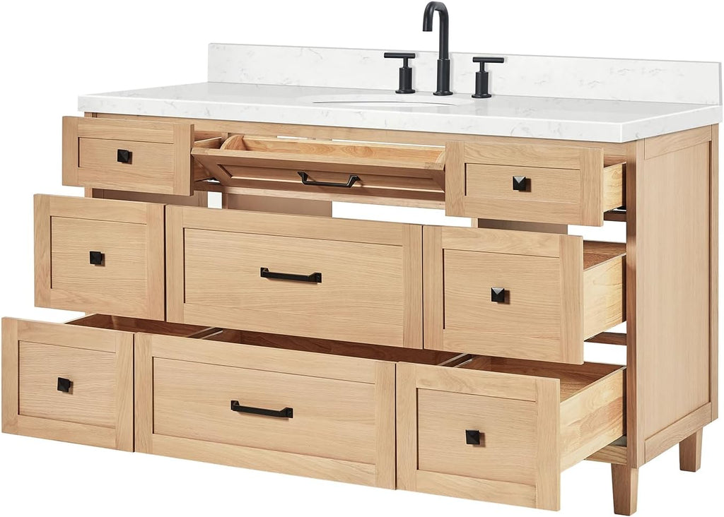 ARIEL Monroe 60-inch Bathroom Vanity with Sink,Solid Wood, 1.5-inch Carrara White Quartz Countertop, Single Oval Porcelain Sink, Dovetail Drawers, White Oak