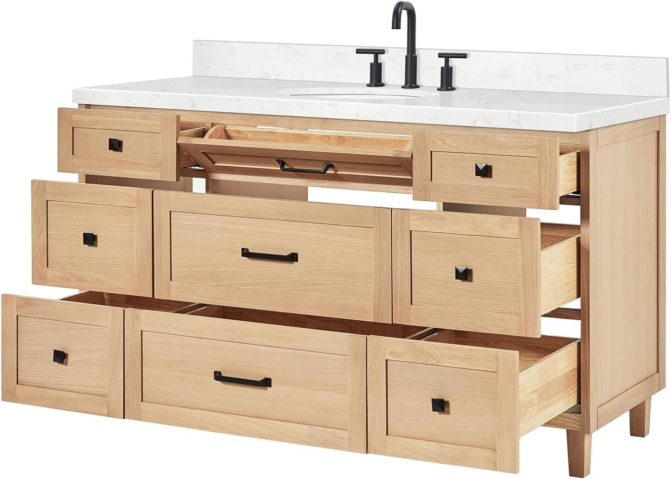 ARIEL Monroe 60-inch Bathroom Vanity with Sink,Solid Wood, 1.5-inch Carrara White Quartz Countertop, Single Oval Porcelain Sink, Dovetail Drawers, White Oak