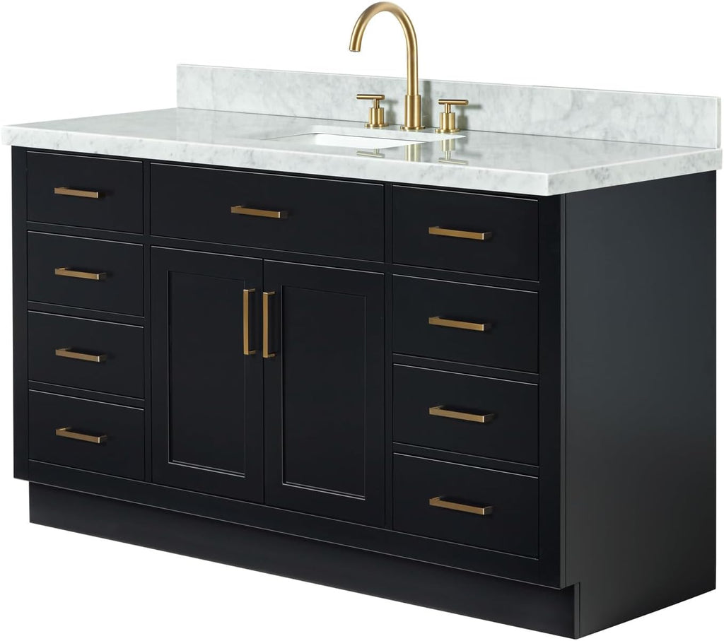 ARIEL Hepburn 60-inch Bathroom Vanity with Sink,Solid Wood, 1.5-inch Italian Carrara Marble Countertop, Single Rectangular Porcelain Sink, 2 Soft Closing Doors, 9 Dovetail Drawers, Black