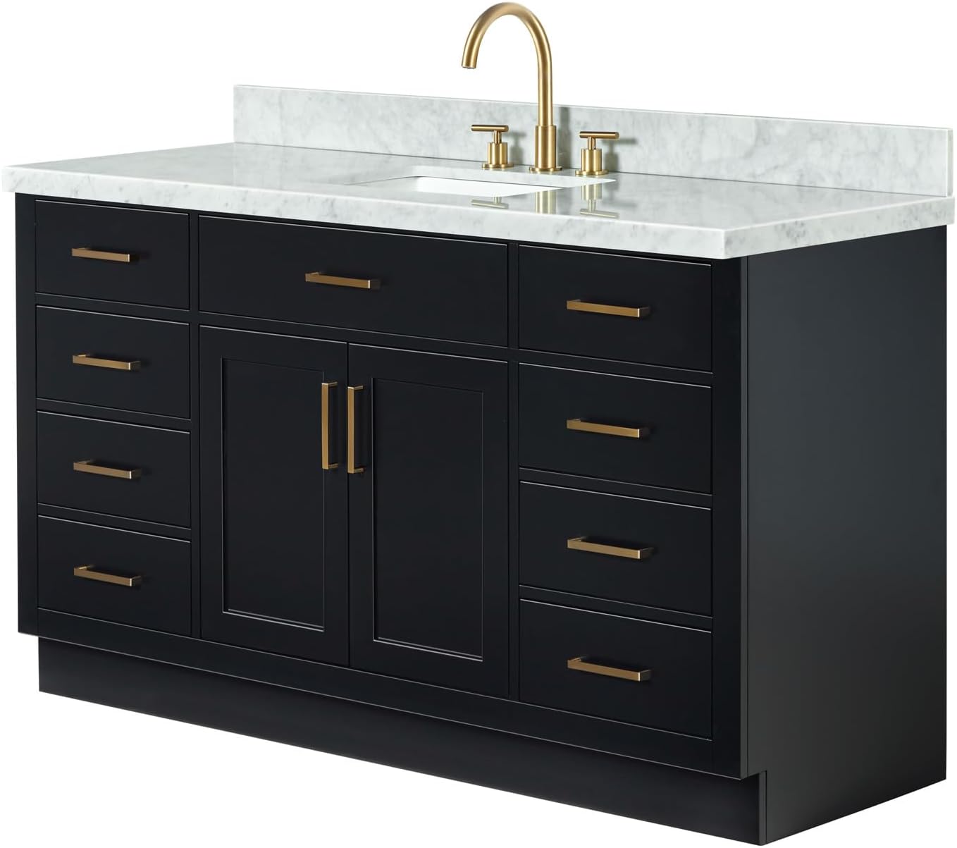 ARIEL Hepburn 60-inch Bathroom Vanity with Sink,Solid Wood, 1.5-inch Italian Carrara Marble Countertop, Single Rectangular Porcelain Sink, 2 Soft Closing Doors, 9 Dovetail Drawers, Black