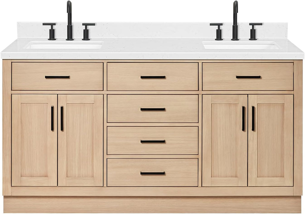 ARIEL Hepburn 66-inch Bathroom Vanity with Sink,Solid Wood, 1.5-inch Carrara White Quartz Countertop, Double Rectangular Porcelain Sink, 4 Soft Closing Doors, 6 Dovetail Drawers, White Oak