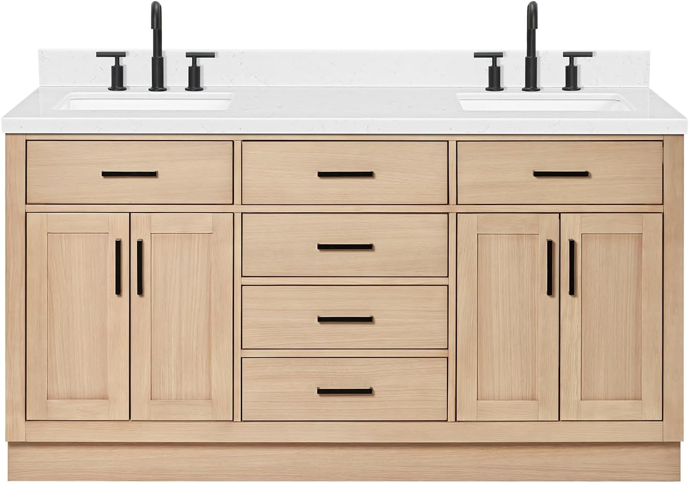 ARIEL Hepburn 66-inch Bathroom Vanity with Sink,Solid Wood, 1.5-inch Carrara White Quartz Countertop, Double Rectangular Porcelain Sink, 4 Soft Closing Doors, 6 Dovetail Drawers, White Oak