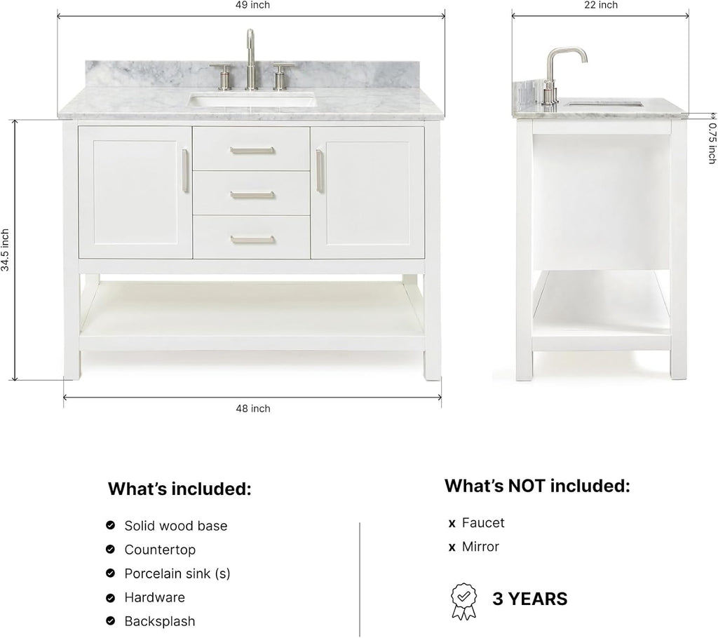 ARIEL Bayhill 48-inch Bathroom Vanity with Sink,Solid Wood, 0.75-inch Italian Carrara Marble Countertop, Single Rectangular Porcelain Sink, 2 Soft Closing Doors, 2 Dovetail Drawers, White
