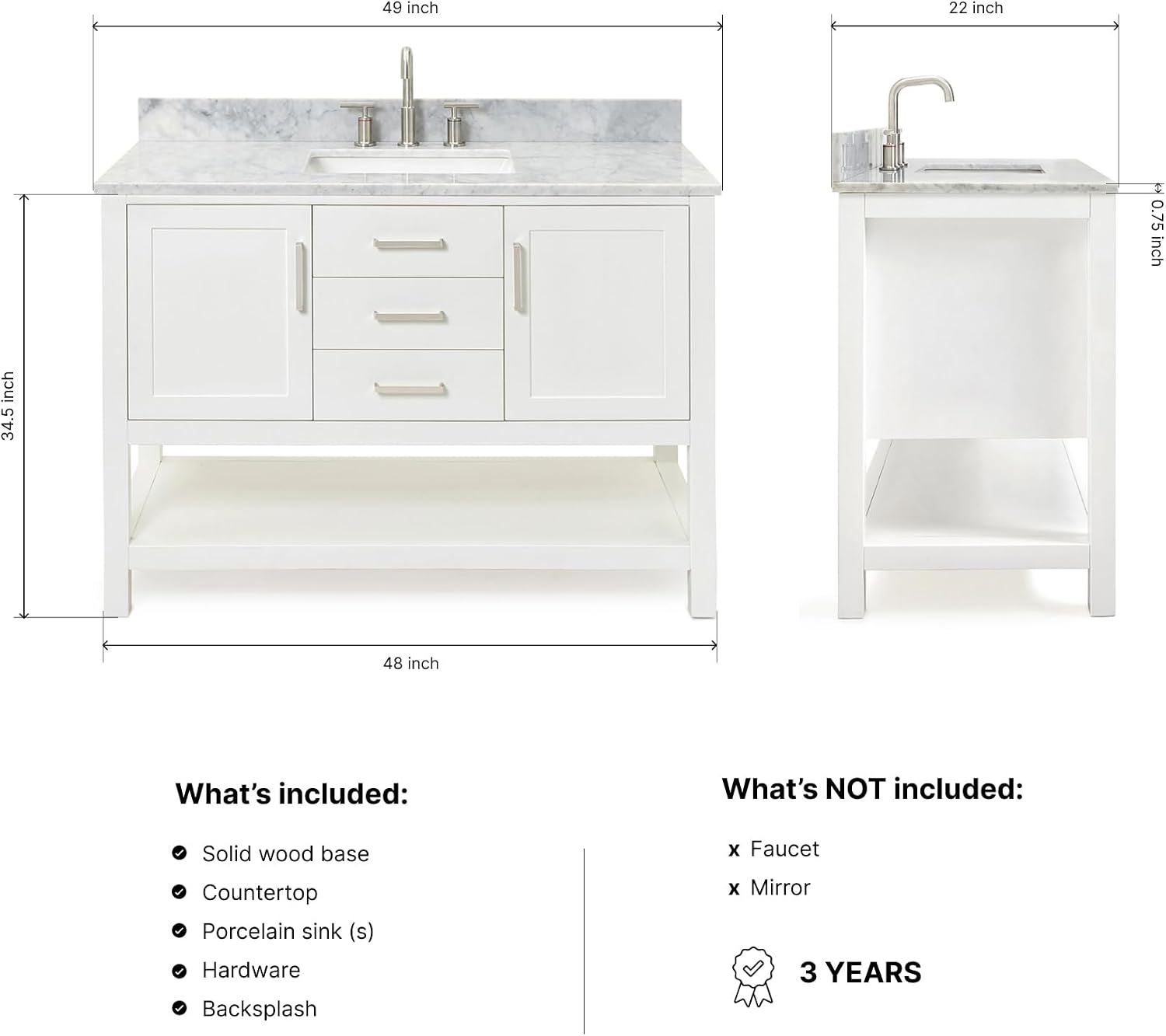 ARIEL Bayhill 48-inch Bathroom Vanity with Sink,Solid Wood, 0.75-inch Italian Carrara Marble Countertop, Single Rectangular Porcelain Sink, 2 Soft Closing Doors, 2 Dovetail Drawers, White