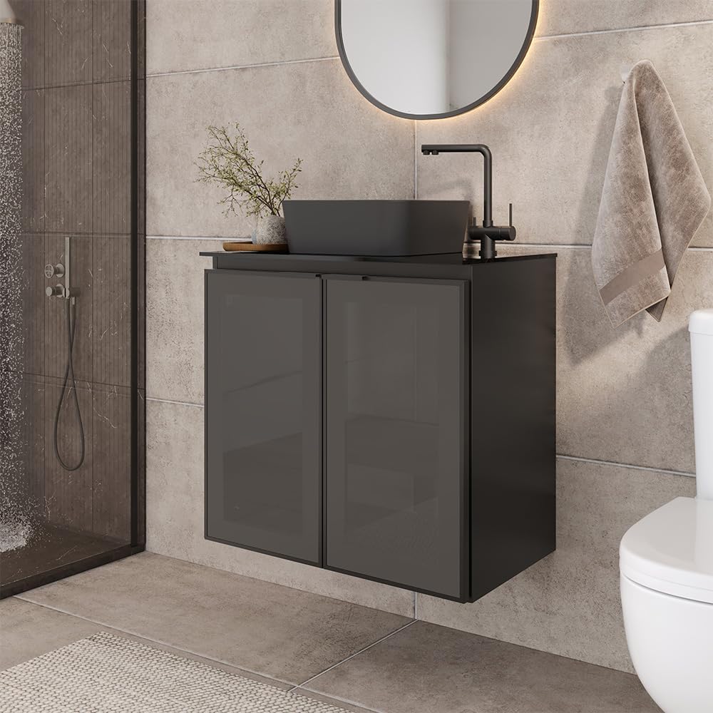 COZIMAX Umbu Combo Black Steel Bathroom Vanity Set 24' with Tempered Glass Countertop and Door, Black Square Ceramic Sink