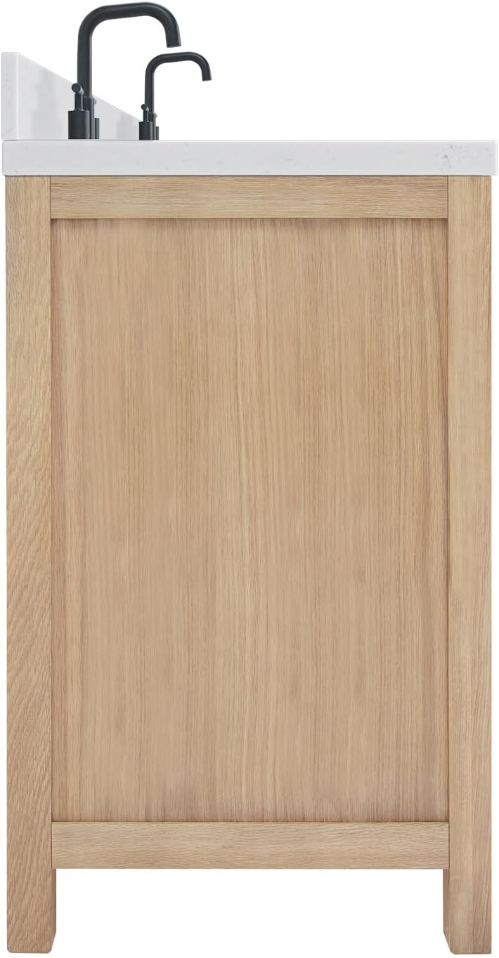 ARIEL Cambridge 66-inch Bathroom Vanity with Sink,Solid Wood, 1.5-inch Carrara White Quartz Countertop & Backsplash, Double Oval Porcelain Sink, 4 Soft Closing Doors, 6 Dovetail Drawers, White Oak
