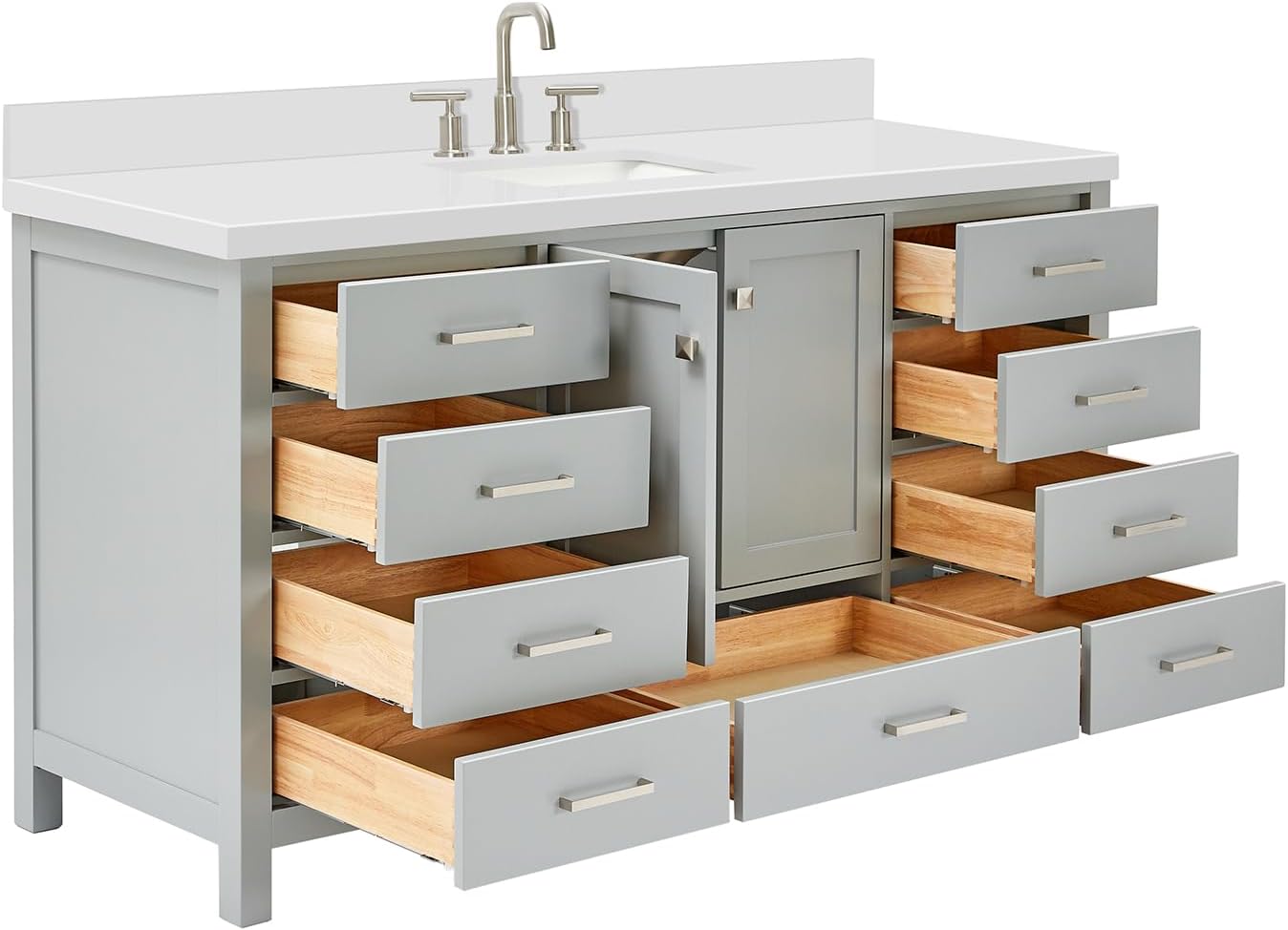 ARIEL Cambridge 66-inch Bathroom Vanity with Sink,Solid Wood, 1.5-inch Pure White Quartz Countertop & Backsplash, Single Rectangular Porcelain Sink, 2 Soft Closing Doors, 9 Dovetail Drawers, Grey