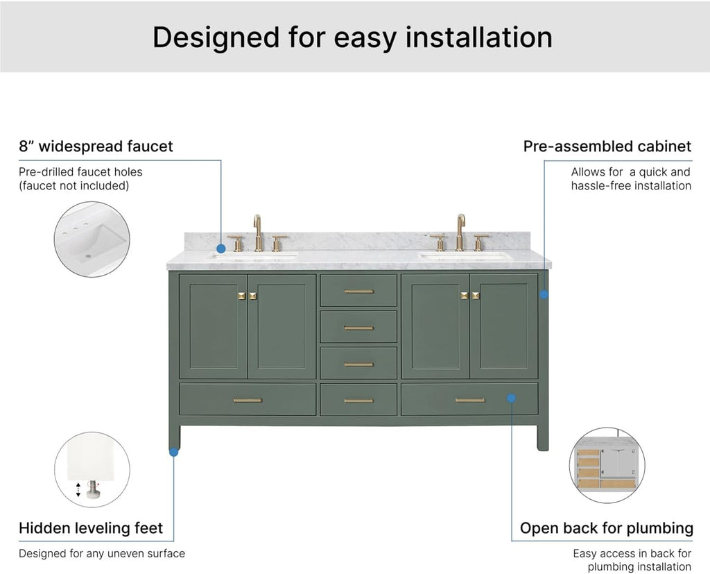 DKB Beckford 72-inch Vintage Green Bathroom Vanity with Left & Right Rectangle Double Sinks, Italian Carrara Marble Countertop & Backsplash, Solid Wood Frame, Soft-Closing & Dovetail Drawers