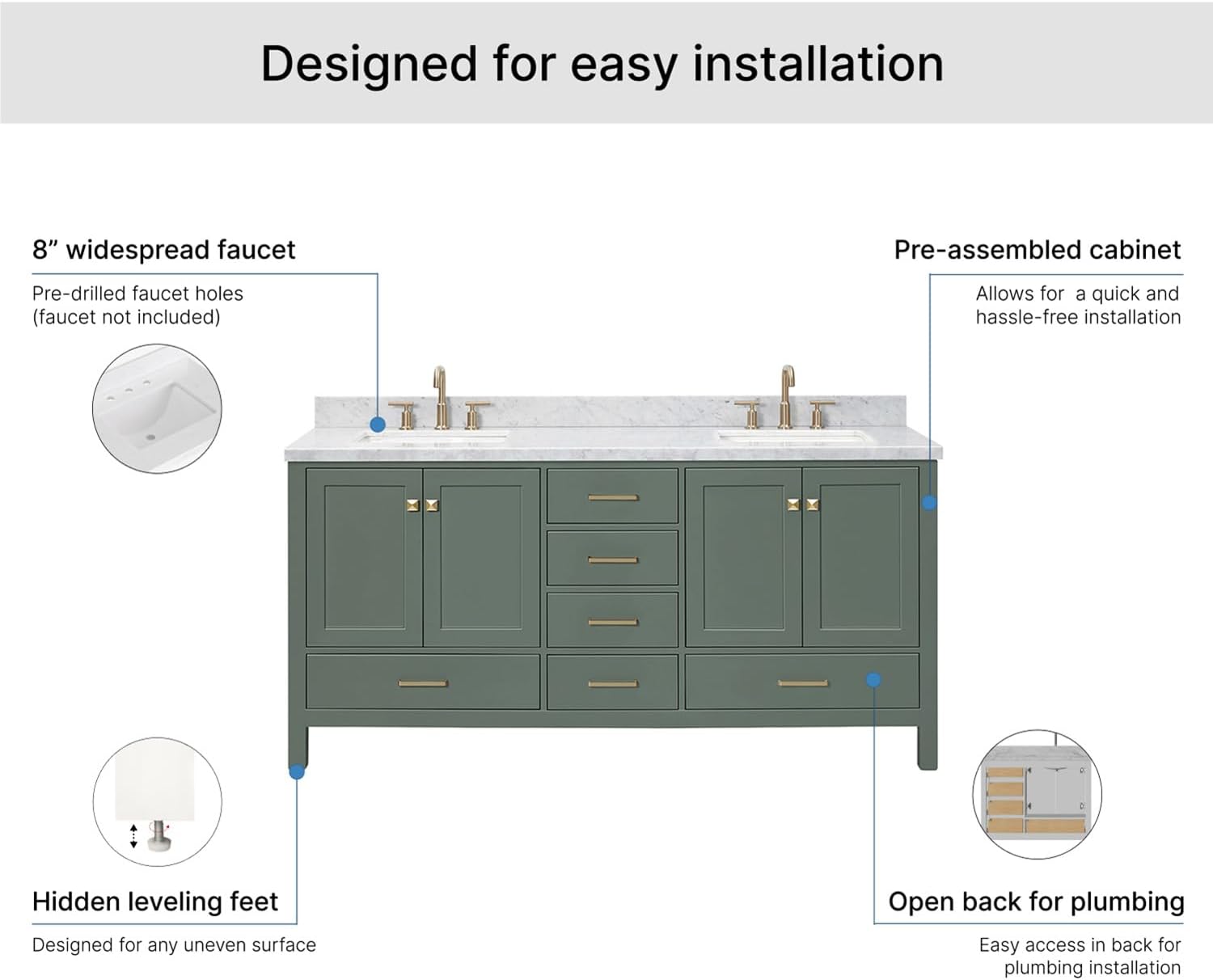 DKB Beckford 72-inch Vintage Green Bathroom Vanity with Left & Right Rectangle Double Sinks, Italian Carrara Marble Countertop & Backsplash, Solid Wood Frame, Soft-Closing & Dovetail Drawers