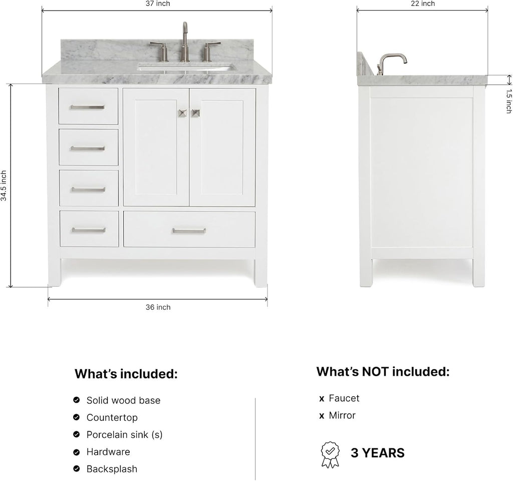 ARIEL Cambridge 36-inch Bathroom Vanity with Sink,Solid Wood, 1.5-inch Italian Carrara Marble Countertop, Single Rectangular Porcelain Sink, 2 Soft Closing Doors, 5 Dovetail Drawers, White
