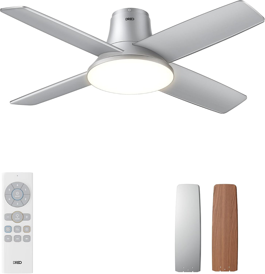 DREO Ceiling Fans with Lights and Remote, 44 inch Low Profile Sliver Ceiling Fan, Reversible, 5CCT, 6-Level Dimmable, 6 Speeds Bedroom Ceiling Fan, Quiet, Easy to Install, Timer, Flush Mount