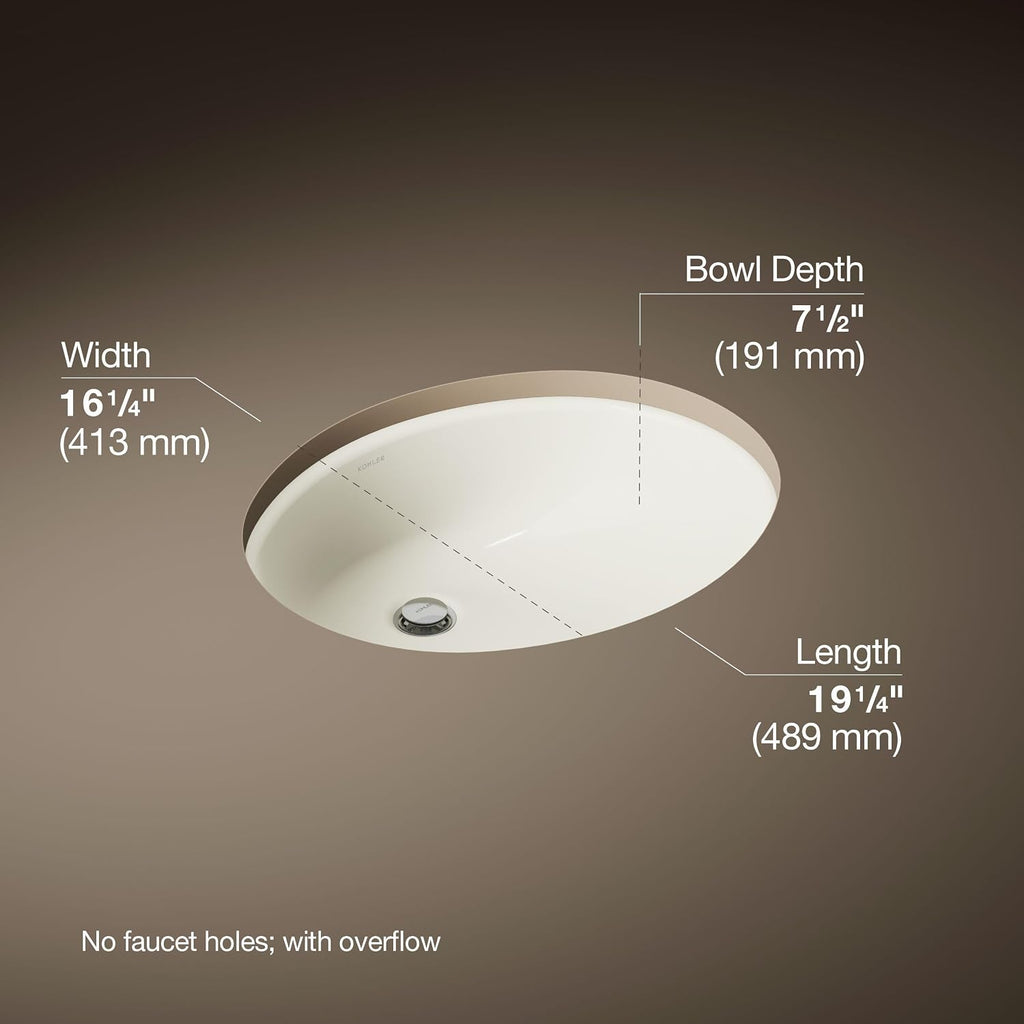 KOHLER 2210-96 Caxton Under-Mount Bathroom Sink, Include Overflow Drain, Fits 14' x17' Cutouts, Undermount Installation, Biscuit