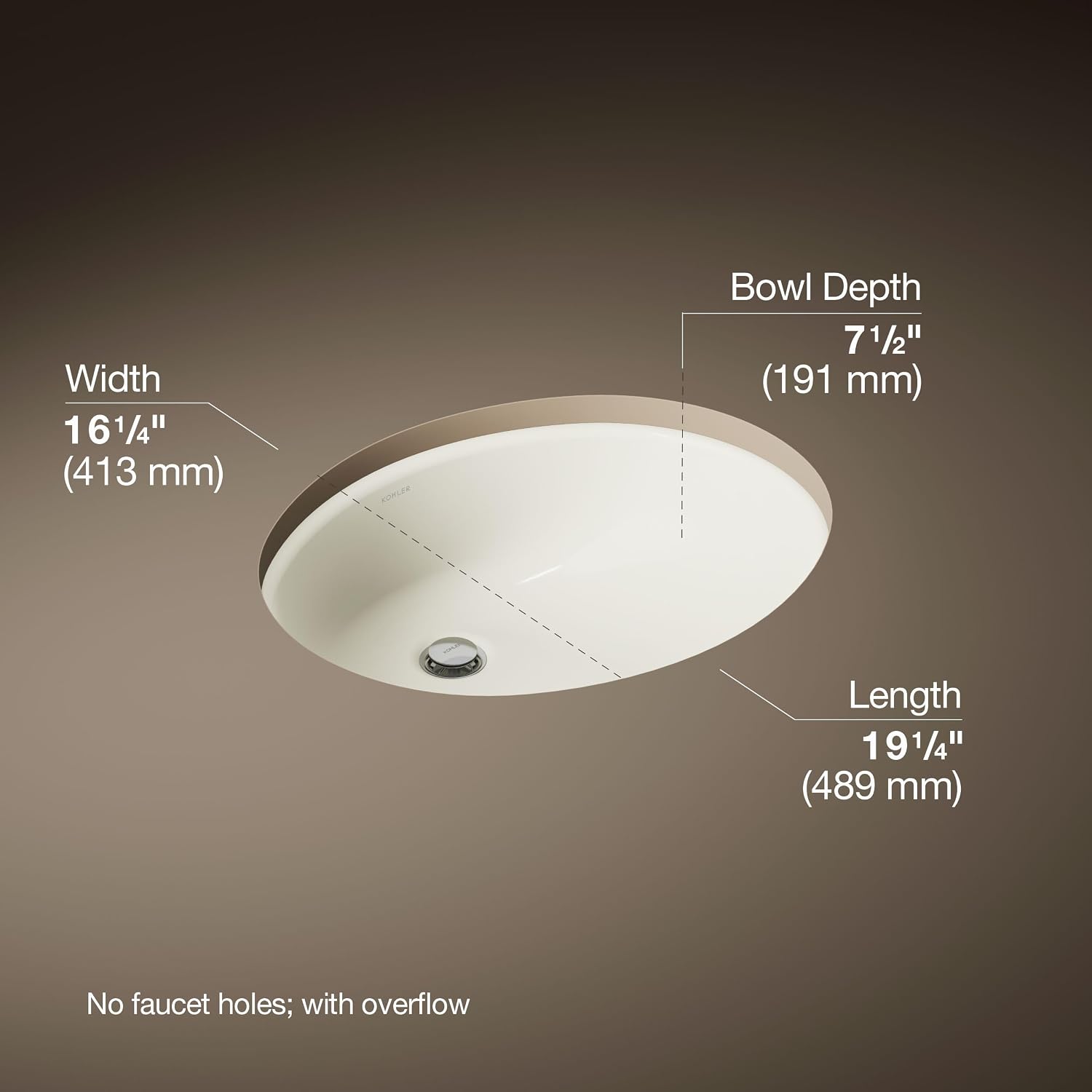 KOHLER 2210-96 Caxton Under-Mount Bathroom Sink, Include Overflow Drain, Fits 14' x17' Cutouts, Undermount Installation, Biscuit