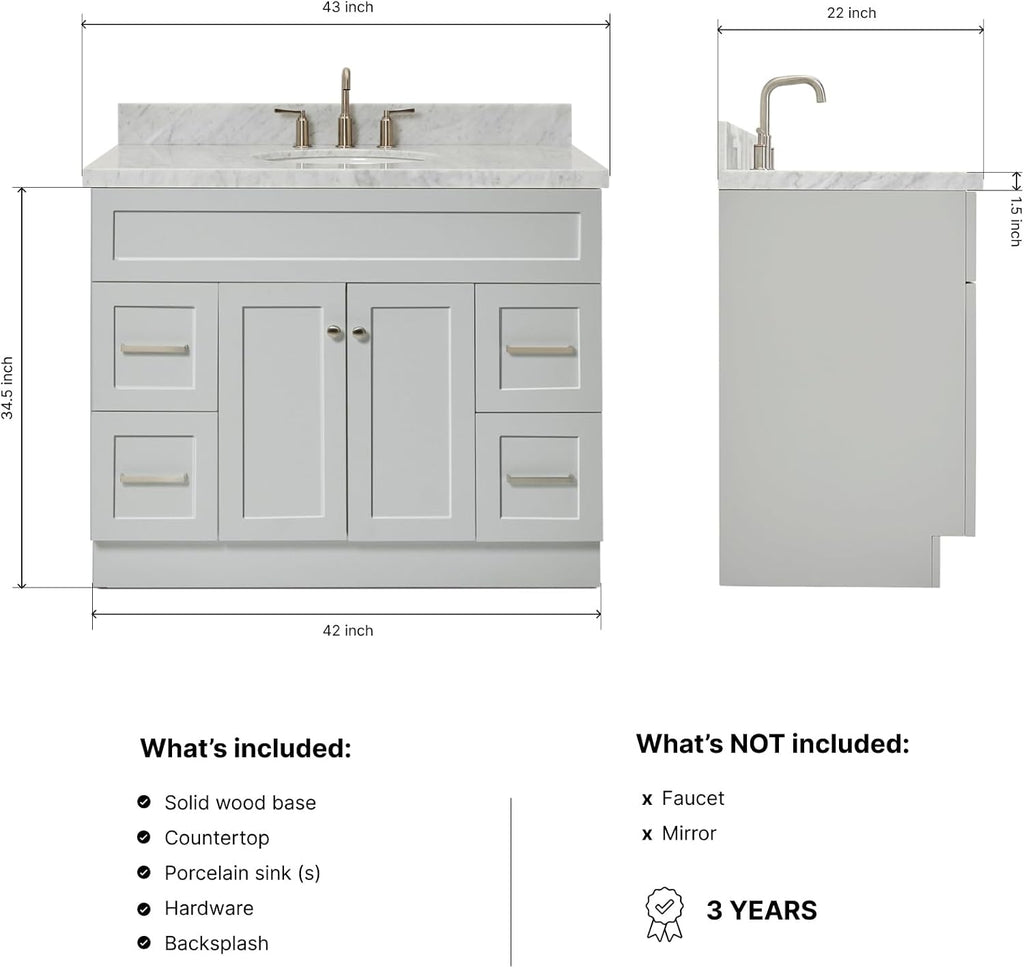 ARIEL Hamlet 42-inch Bathroom Vanity with Sink,Solid Wood, 1.5-inch Italian Carrara Marble Countertop & Backsplash, Single Oval Porcelain Sink, 2 Soft Closing Doors, 4 Dovetail Drawers, Grey