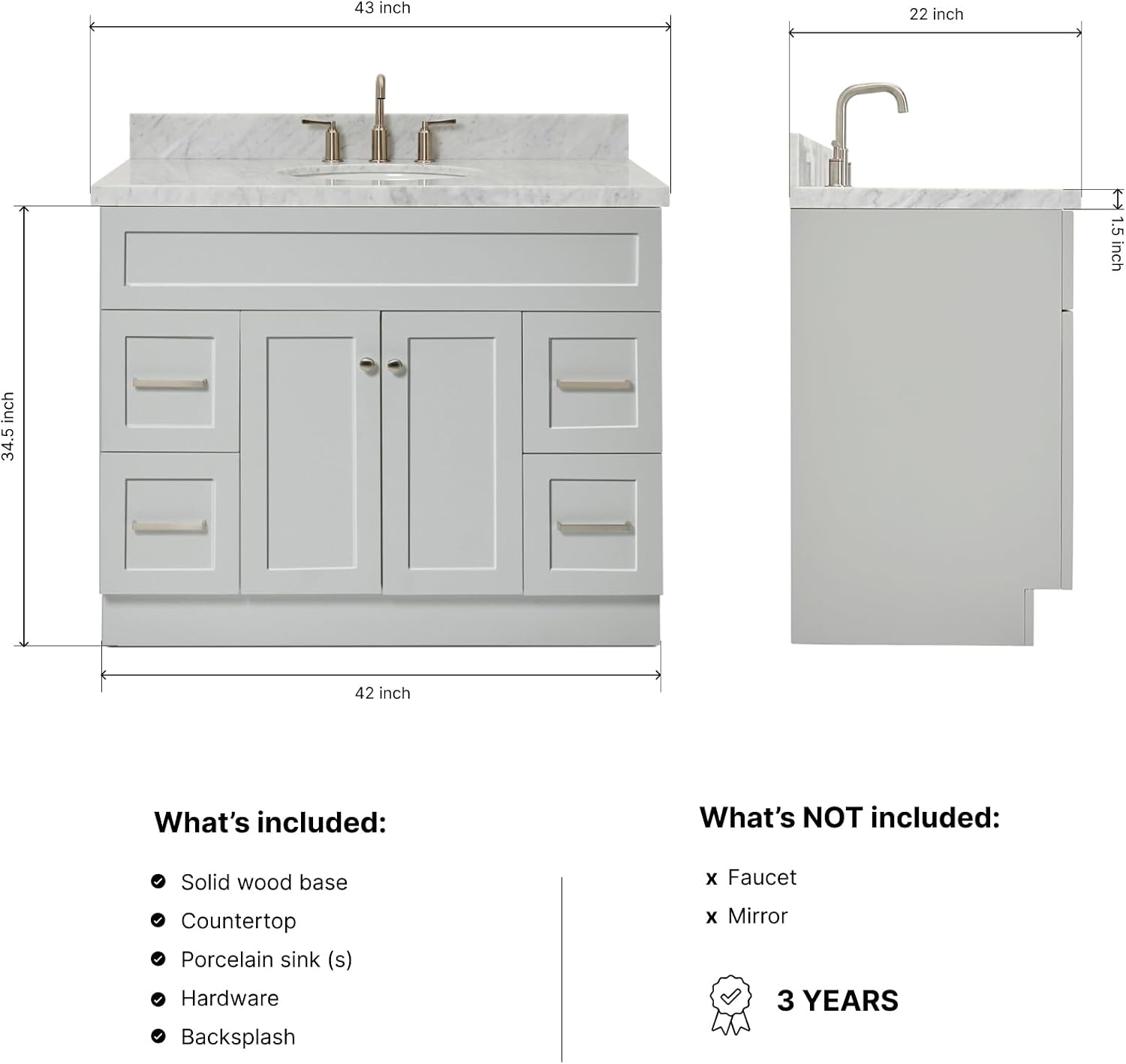 ARIEL Hamlet 42-inch Bathroom Vanity with Sink,Solid Wood, 1.5-inch Italian Carrara Marble Countertop & Backsplash, Single Oval Porcelain Sink, 2 Soft Closing Doors, 4 Dovetail Drawers, Grey