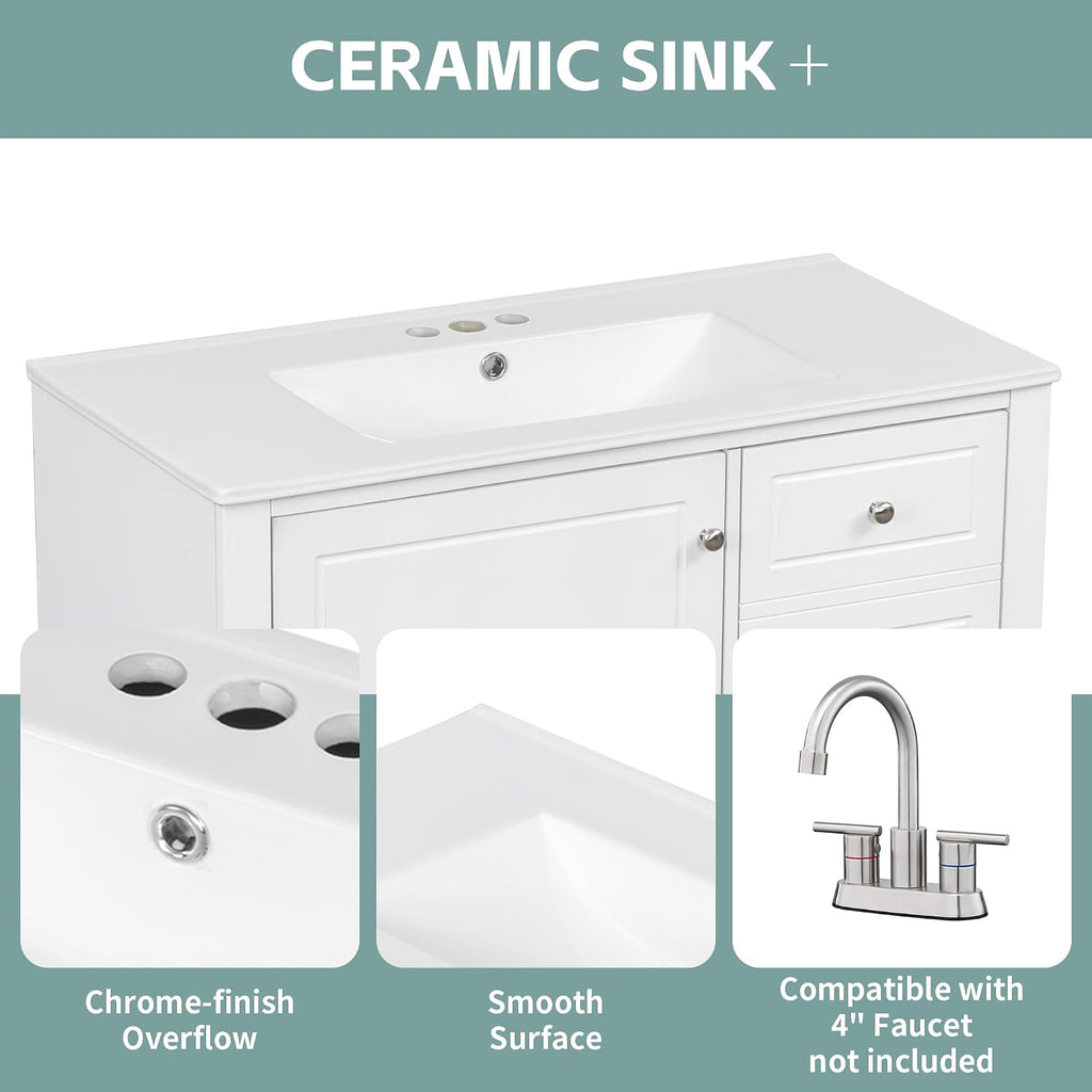 Mirightone 36' Vanity with Sink, Bathroom Vanities 36 Inch with Sink, Single Sink Bathroom Vanity with Door Shelf and Three Drawers, Restroom Vanity with Sink Top (White)