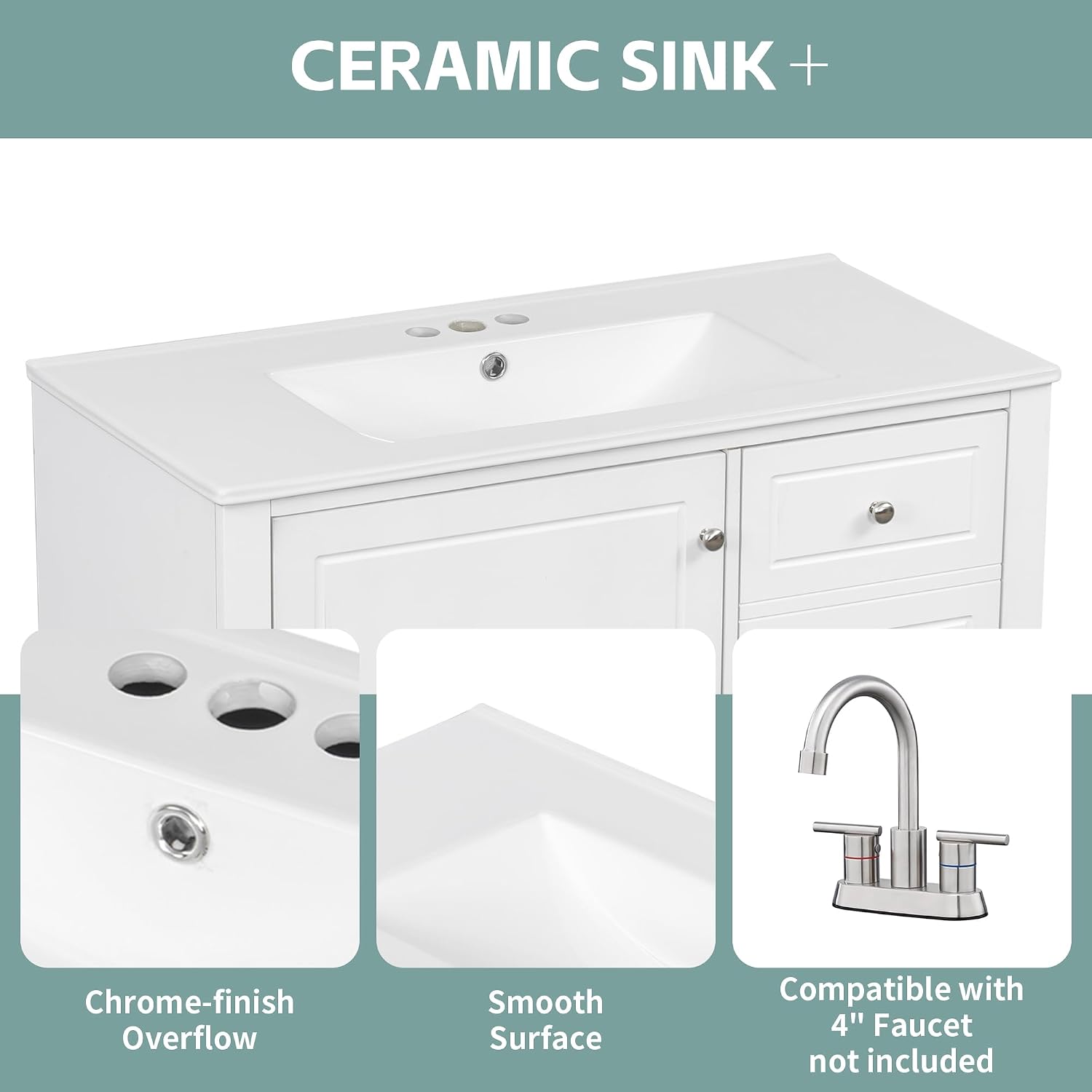 Mirightone 36' Vanity with Sink, Bathroom Vanities 36 Inch with Sink, Single Sink Bathroom Vanity with Door Shelf and Three Drawers, Restroom Vanity with Sink Top (White)
