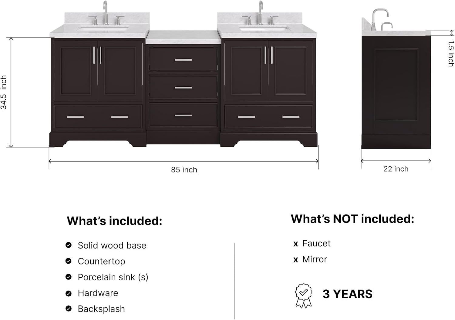 ARIEL Stafford 84-inch Bathroom Vanity with Sink,Solid Wood, 1.5in Italian Carrara Marble Countertop, Double Rectangular Porcelain Sink, 4 Soft Closing Doors, 5 Dovetail Drawers, Espresso