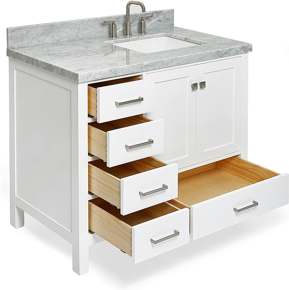 ARIEL Cambridge 42-inch Bathroom Vanity with Sink,Solid Wood, 1.5-inch Italian Carrara Marble Countertop, Single Rectangular Porcelain Sink, 2 Soft Closing Doors, 5 Dovetail Drawers, White