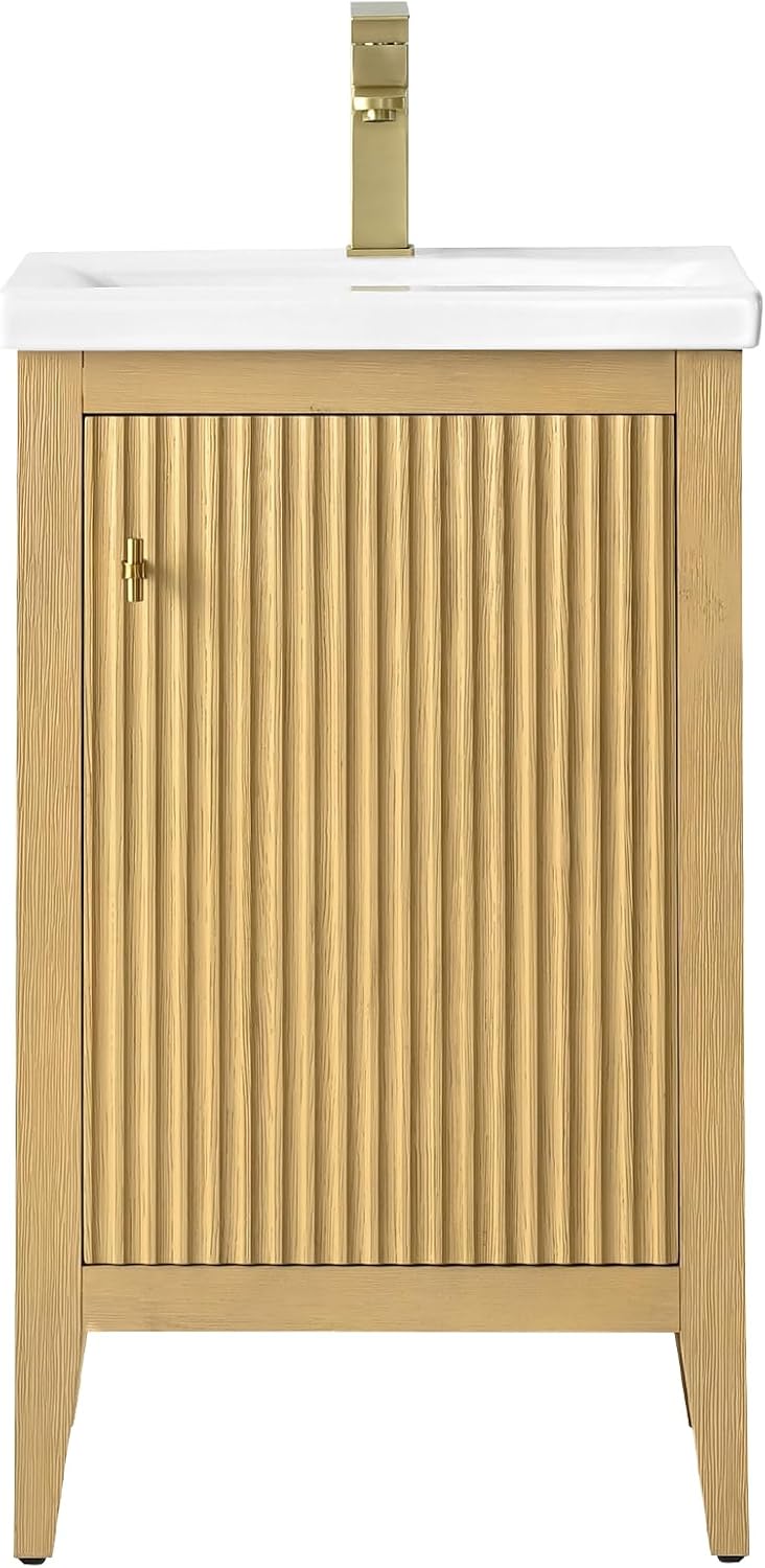 HOMEBEYOND 20' Bathroom Vanity with Ceramic Sink, Solid Wood Free-Standing Vanities Cabinet, Ceramic Top, Golden Brushed Hardware & Soft Closing Door, Natural Oak