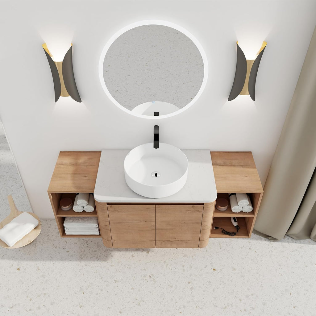 54 Inch Wall-Mounted Bathroom Vanity with Sink Combo Modern Floating Bathroom Vanitites with Round Ceramic Vessel Sink 54' Bathroom Sink Cabinet with Marble Counter Top & 2 Side Storage Shelves