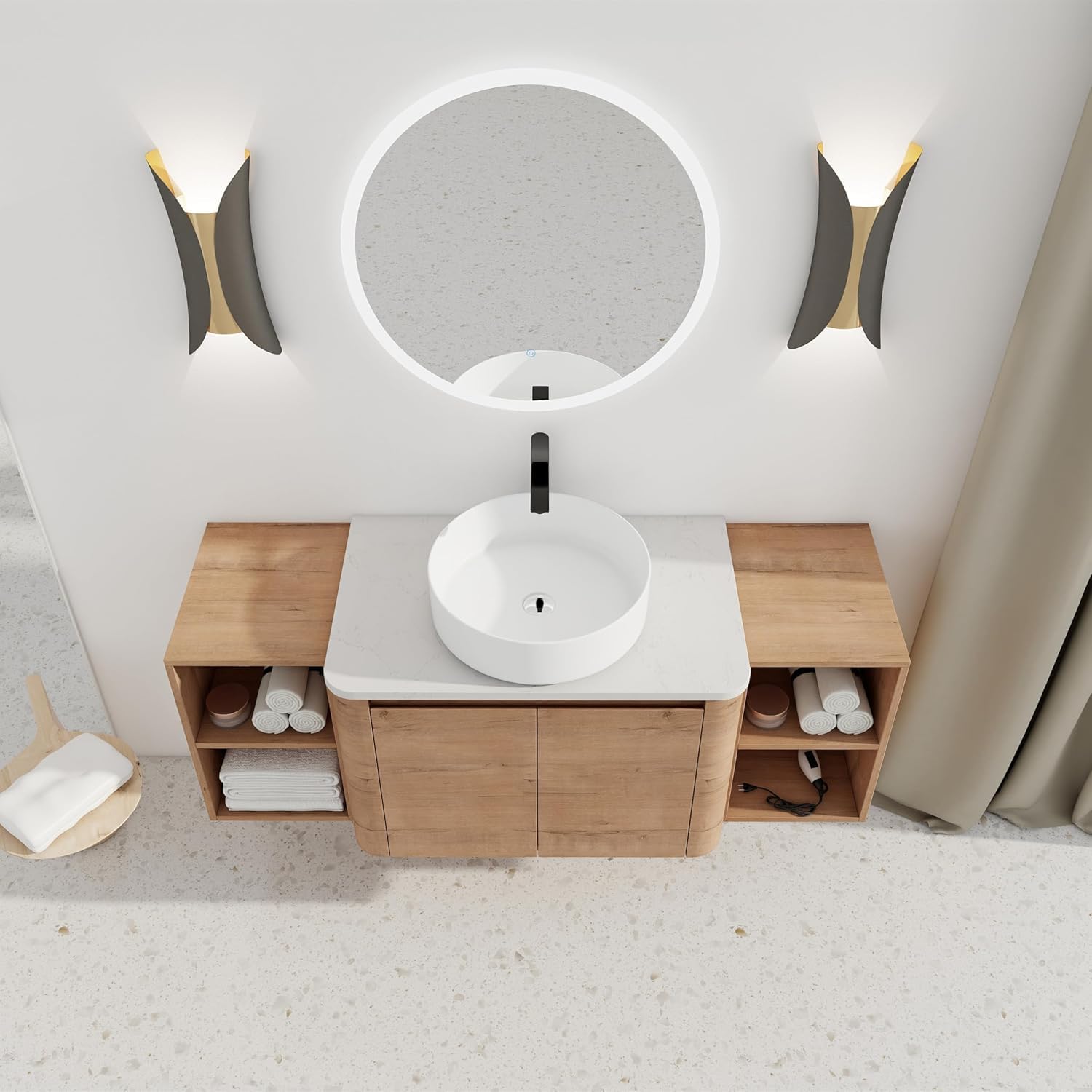 54 Inch Wall-Mounted Bathroom Vanity with Sink Combo Modern Floating Bathroom Vanitites with Round Ceramic Vessel Sink 54' Bathroom Sink Cabinet with Marble Counter Top & 2 Side Storage Shelves