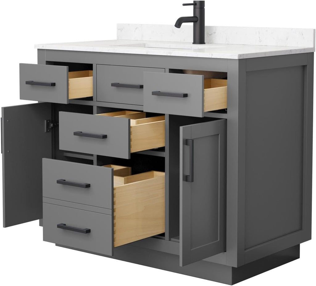 Wyndham Collection Beckett 42 Inch Single Bathroom Vanity with Toe Kick in Dark Gray, Carrara Cultured Marble Countertop, Undermount Square Sink, Matte Black Trim