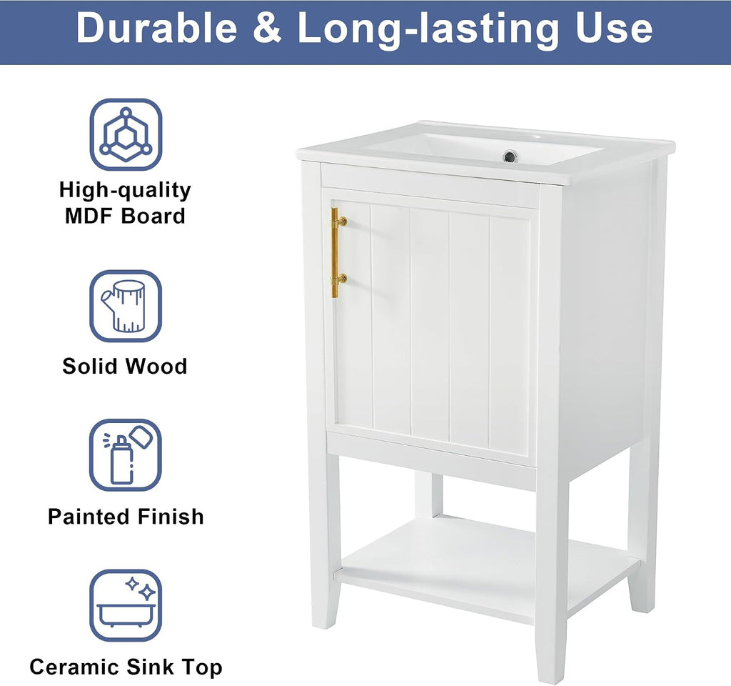 Bathroom Vanity with Sink 20 Inch, Cabinet with Two-Tier Door Shelf Rack & Open Storage, Solid Wood Legs, White