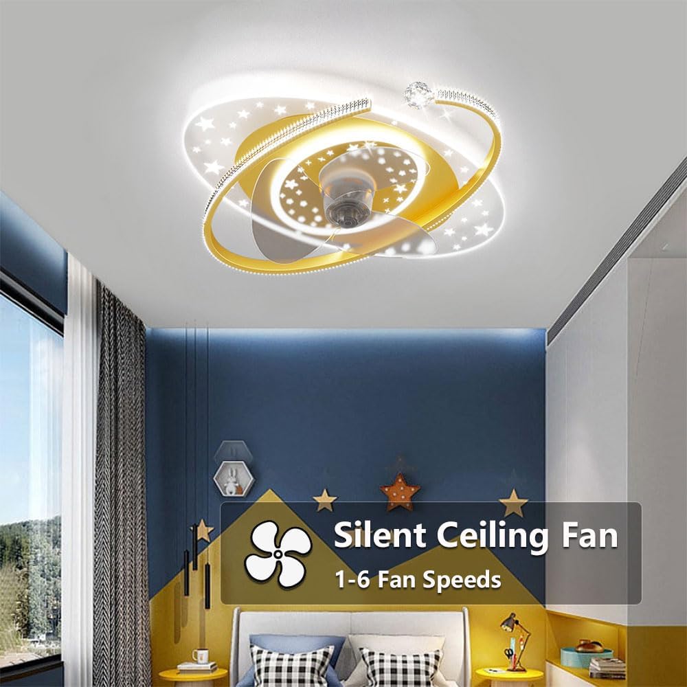 Indoor Kids Ceiling Fan with Lights Remote Dimmable 48W LED Ceiling Lights Fan Lighting Yellow Mute Ceiling Fans Indoor 6 Speeds Fan Ceiling with Light for Study Room Children's Bedroom
