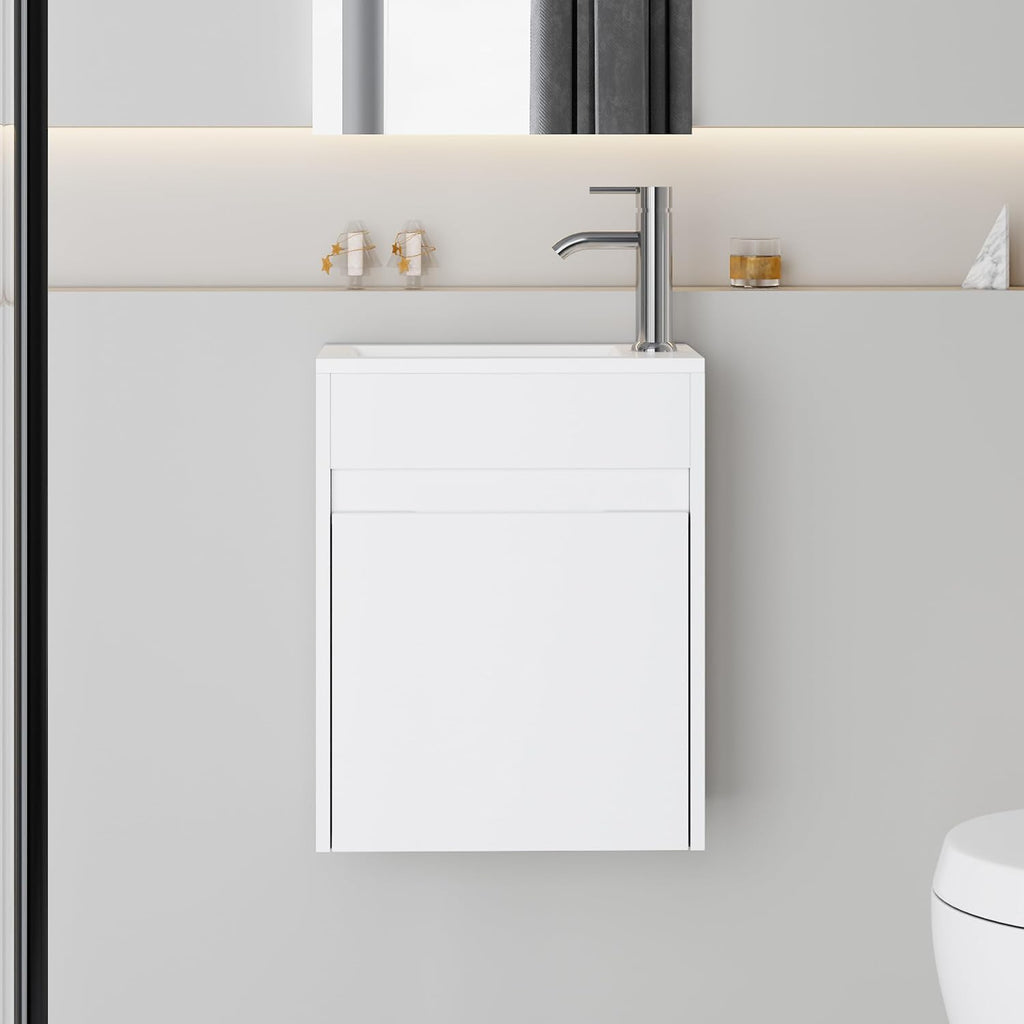 eclife 16' Small Bathroom Vanity Sink Combo, Modern Painted Wall Mounted Floating Cabinet W/Resin Basin Sink Top, Chrome Water Save Faucet & Pop Up Drain (White)