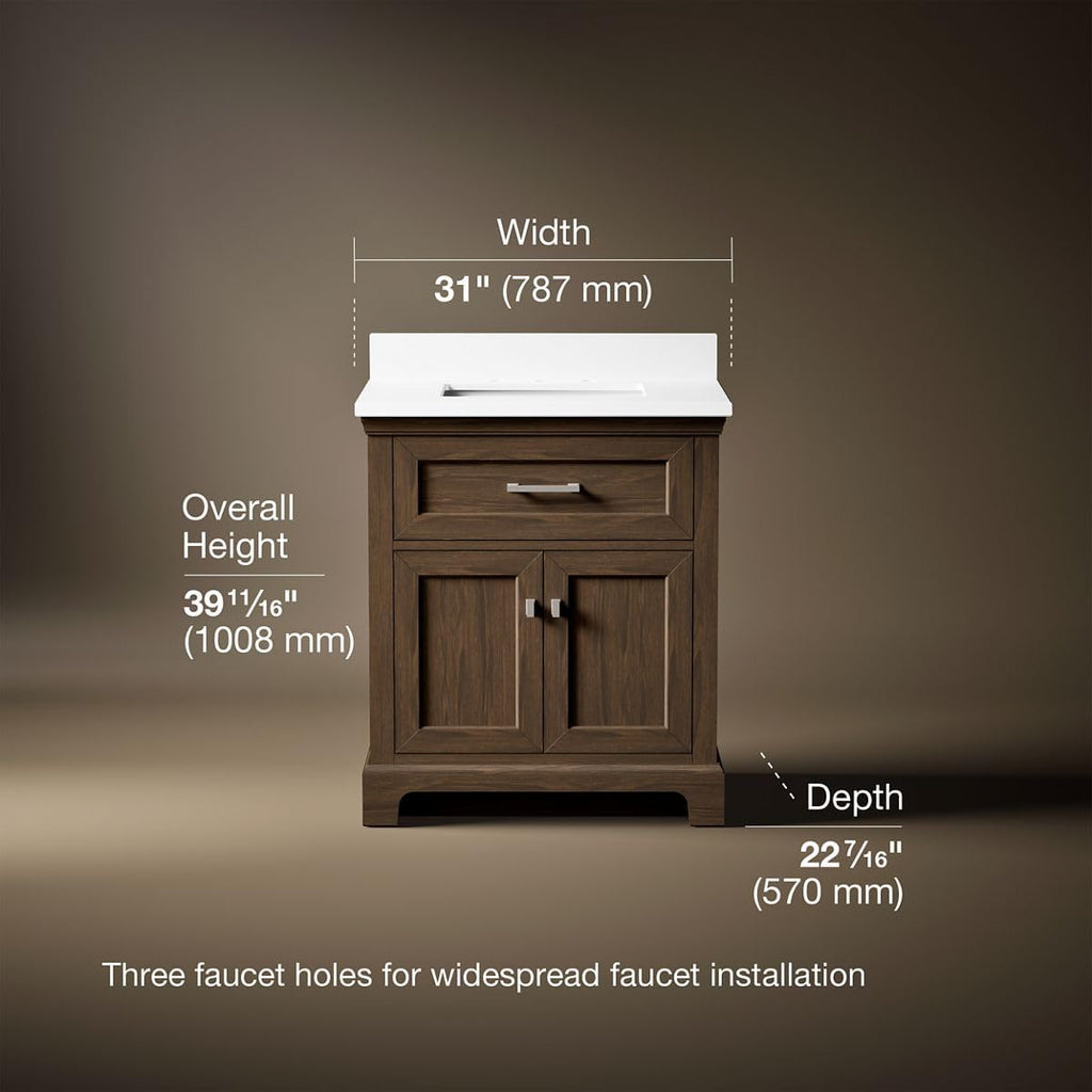 Kohler 29260-BD1-DAK Charlemont 30 in. Bathroom Vanity Cabinet with Sink and Quartz top, Draper Oak