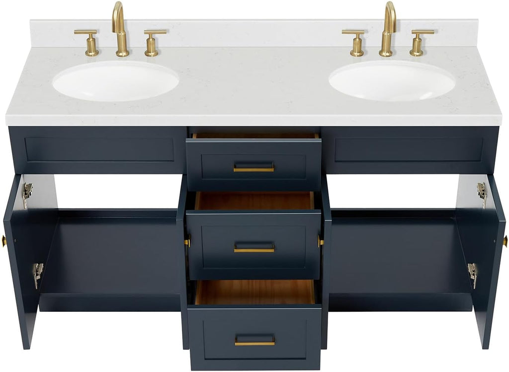 ARIEL Hamlet 66-inch Bathroom Vanity with Sink,Solid Wood, 1.5-inch Carrara White Quartz Countertop & Backsplash, Double Oval Porcelain Sink, 4 Soft Closing Doors, 3 Dovetail Drawers, Midnight Blue