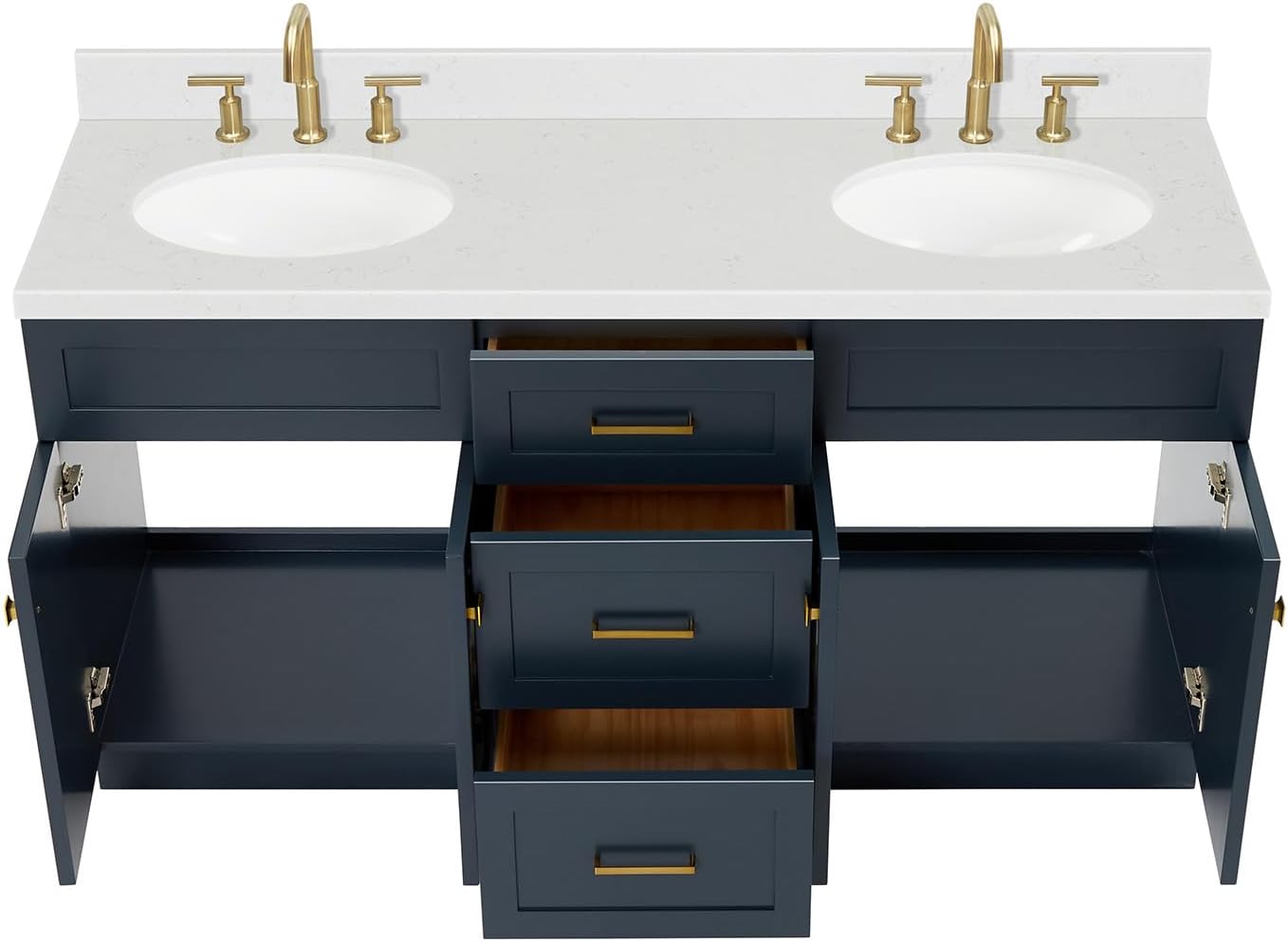 ARIEL Hamlet 66-inch Bathroom Vanity with Sink,Solid Wood, 1.5-inch Carrara White Quartz Countertop & Backsplash, Double Oval Porcelain Sink, 4 Soft Closing Doors, 3 Dovetail Drawers, Midnight Blue