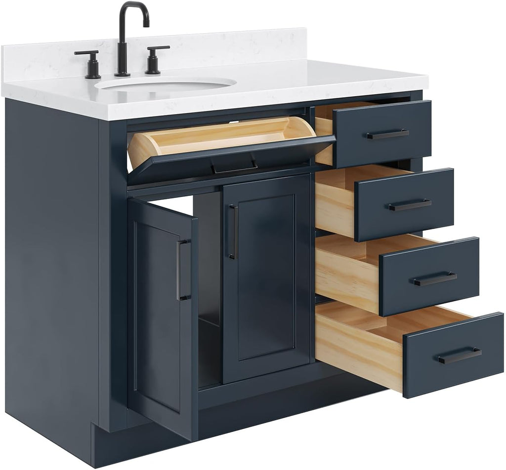 DKB Isabella 42-Inch Midnight Blue Bathroom Vanity with Sink, 1.5' Carrara Quartz Countertop, Solid Wood Frame, Left Oval Undermount Sink, 2 Soft Closing Doors, 5 Dovetail Drawers, Toe Kick