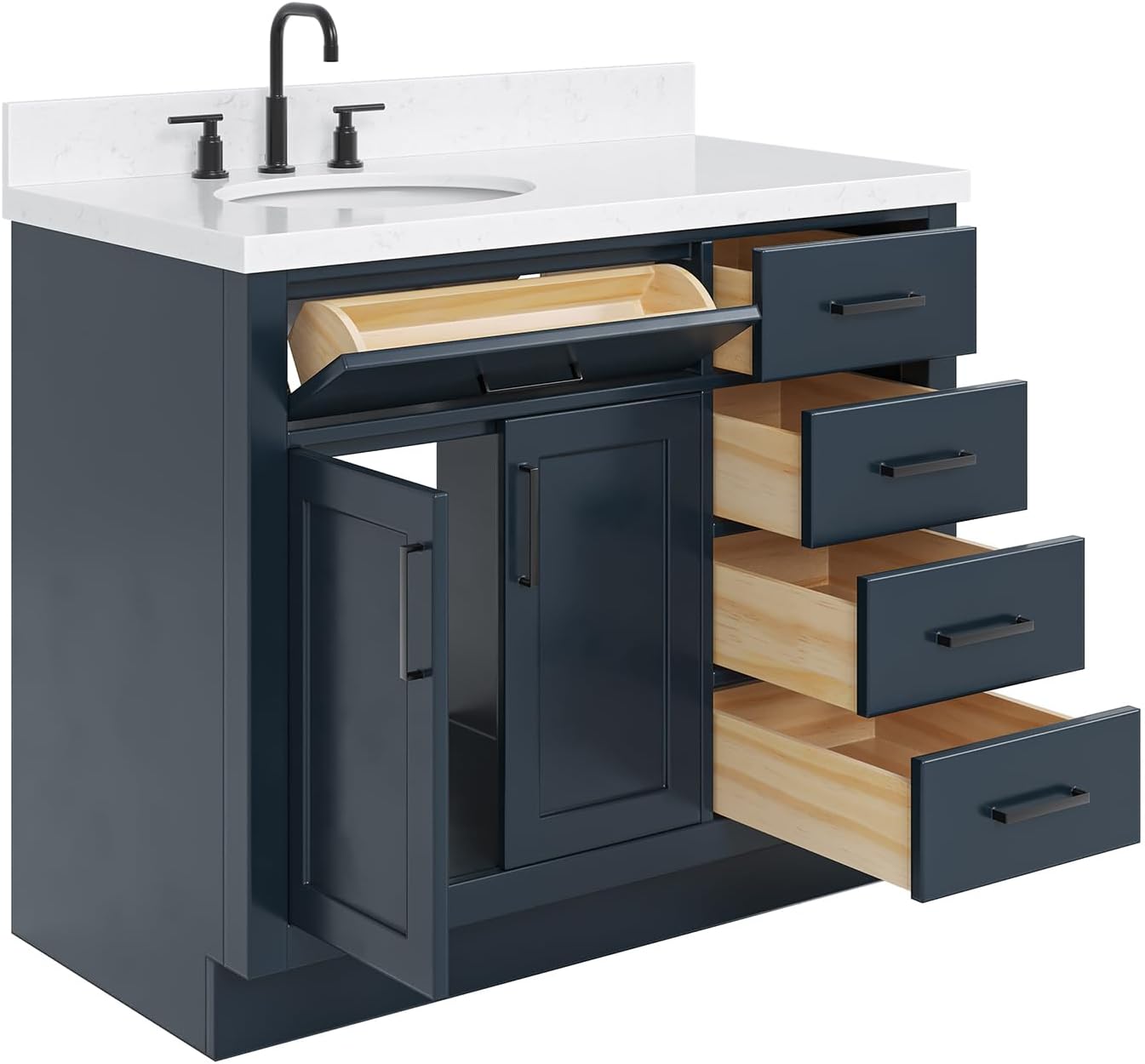 DKB Isabella 42-Inch Midnight Blue Bathroom Vanity with Sink, 1.5' Carrara Quartz Countertop, Solid Wood Frame, Left Oval Undermount Sink, 2 Soft Closing Doors, 5 Dovetail Drawers, Toe Kick