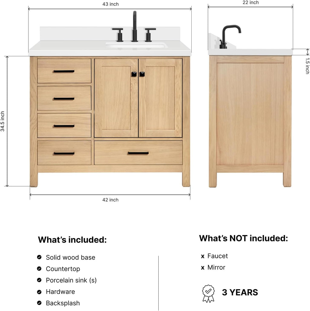 DKB Beckford 42-Inch Oak Bathroom Vanity with Sink, Pure White Quartz Countertop & 4' Backsplash, Porcelain Sink, Soft Closing Door & Drawer, Matte Black Hardware