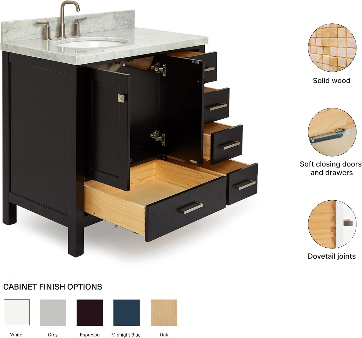 ARIEL Cambridge 36-inch Bathroom Vanity with Sink,Solid Wood, 1.5-inch Italian Carrara Marble Countertop & Backsplash, Single Oval Porcelain Sink, 2 Soft Closing Doors, 5 Dovetail Drawers, Espresso