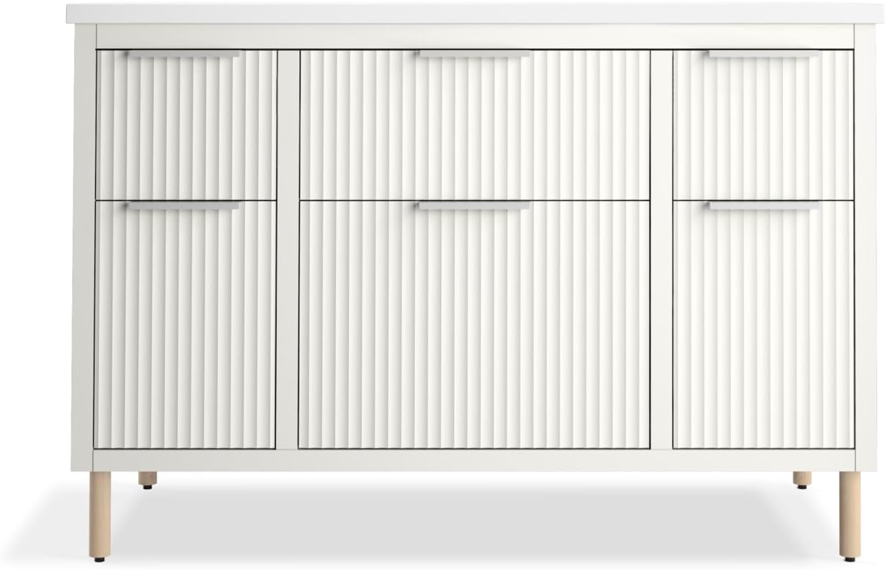 Kohler Spacity 48 Inch Wall-Hung Bathroom Vanity Cabinet with White Sink and Quartz Top, Modern Bathroom Storage, White, K-32172-ASB-0