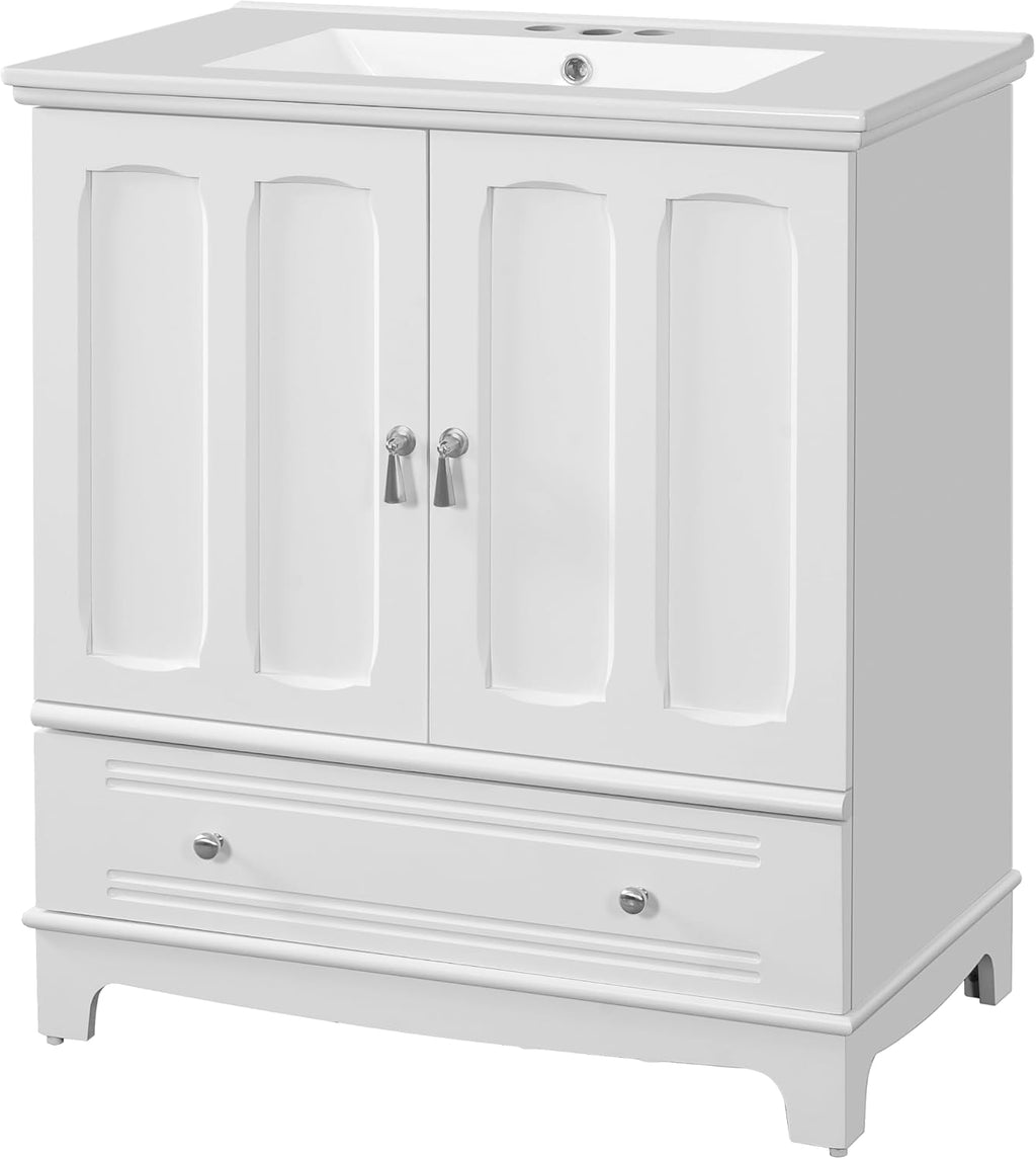 Merax 30 Inch Bathroom Vanity with Sink, Freestanding Painted Bathroom Vanity Cabinet with 2 Doors & 2 Drawers, Solid Wood Frame, Ceramic Sink