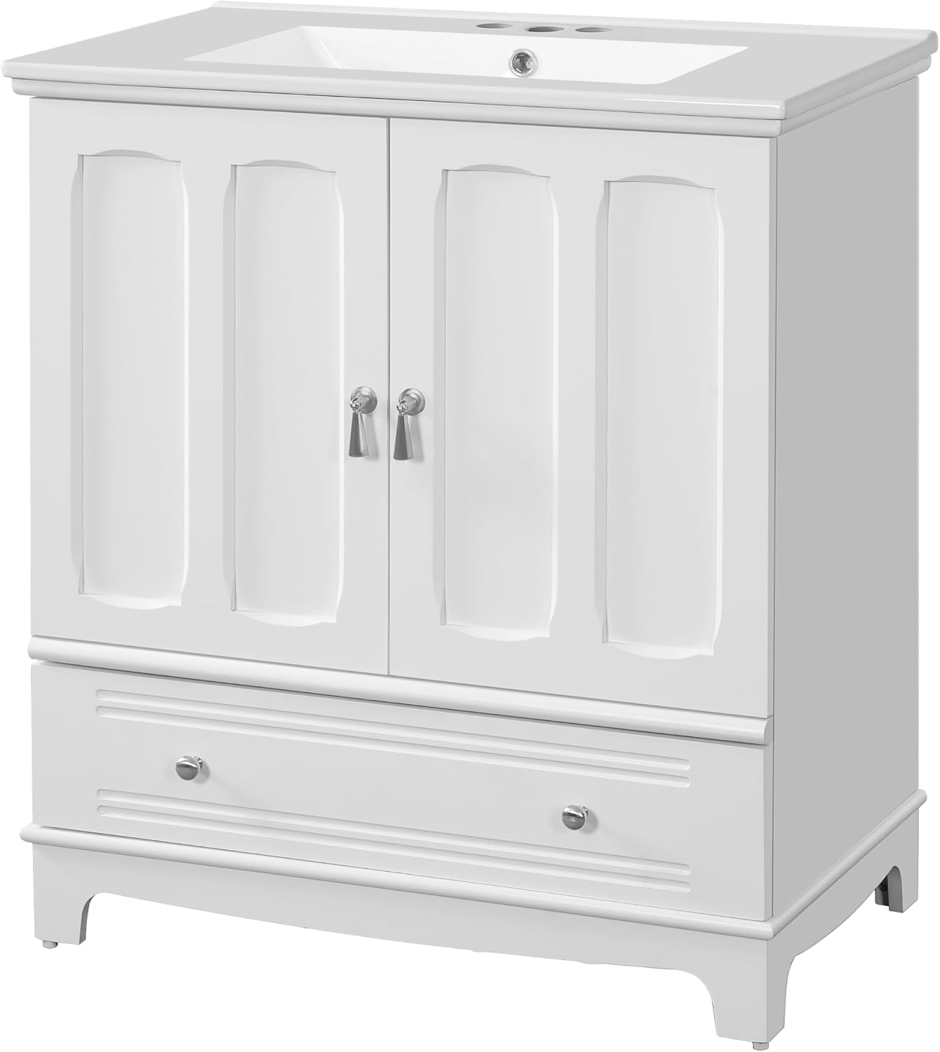 Merax 30 Inch Bathroom Vanity with Sink, Freestanding Painted Bathroom Vanity Cabinet with 2 Doors & 2 Drawers, Solid Wood Frame, Ceramic Sink